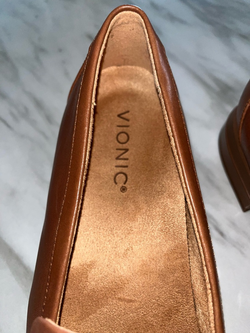 Vionic Brown Leather Loafers with Gold Chain Accent - Picture 5 of 6